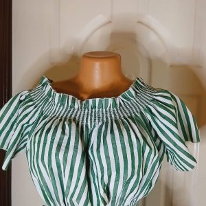 Short sleeve white striped green off shoulder top