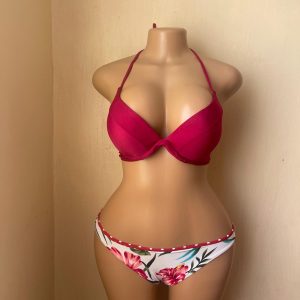 Fuchsia pink red top and a white  tropical floral print bottom bikini set