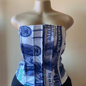 strapless corset top featuring a printed dollar note design