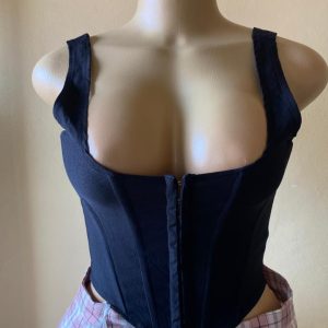 Black women's corset-style top with a hook-and-eye front closure and wide straps