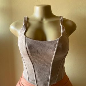 Beige, ribbed corset-style bustier top