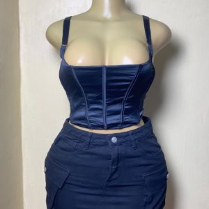 Navy Velvet Bow-Strap Corset