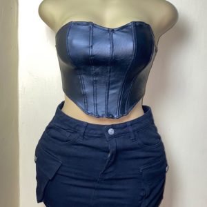 Navy Pleather Lace-Up Corset